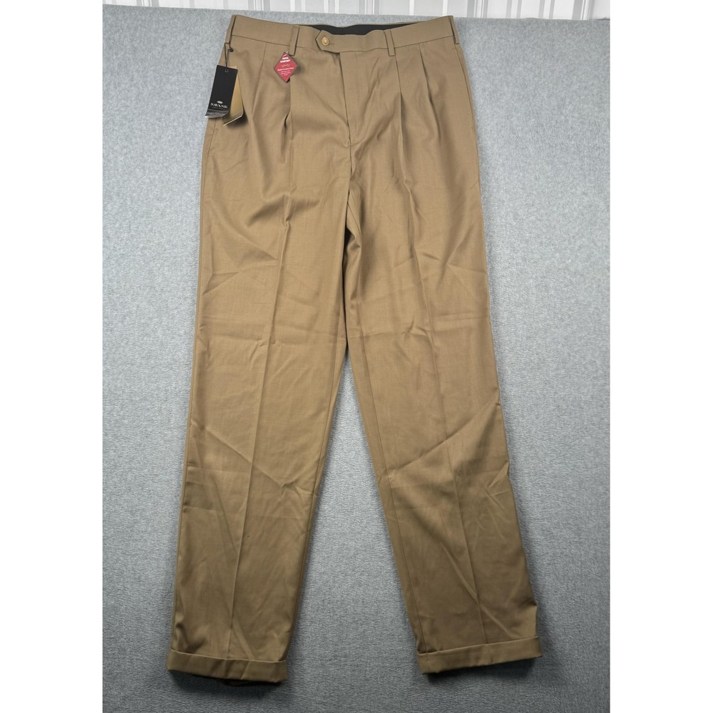 Savane Dress Pants Mens 36x36 Beige Brown Pleated Cuffed Luster Gabardine NEW